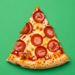 A single slice of pepperoni pizza with melted cheese and crispy crust placed on a vibrant green background, showcasing a delicious and classic comfort food dish