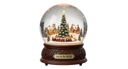 Festive christmas snow globe with decorated tree and village scene