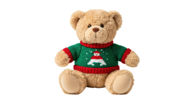 Cute teddy bear in festive christmas sweater with snowman design