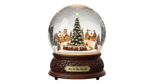 Festive christmas snow globe with decorated tree and village scene
