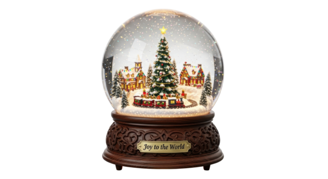 Festive christmas snow globe with decorated tree and village scene