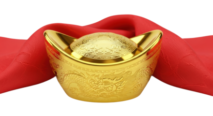 Golden chinese sycee with dragon design on red fabric