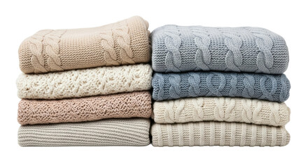 Cozy stacked knitted sweaters in neutral and pastel tones