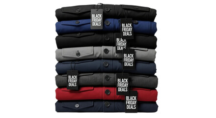 Stack of folded shirts with black friday deals tags in various colors