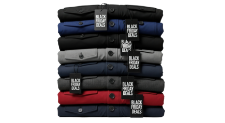 Stack of folded shirts with black friday deals tags in various colors