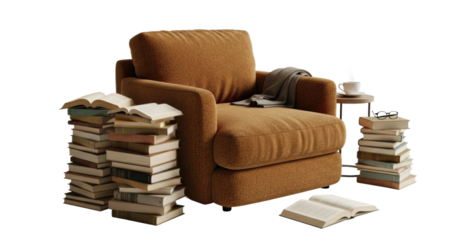 Cozy reading nook with brown armchair, open books, and coffee cup