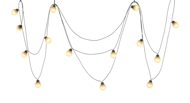 Hanging string lights on black background - warm glow for decor and events