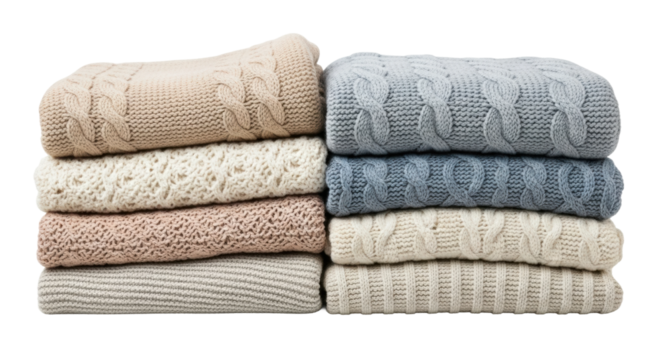 Cozy stacked knitted sweaters in neutral and pastel tones - Powered by Adobe