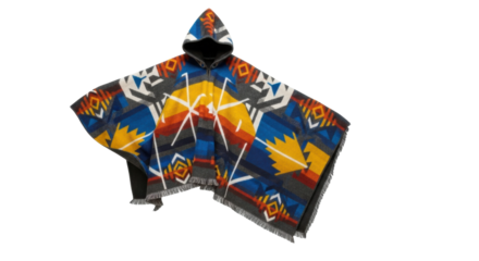 Colorful geometric pattern hooded poncho with tribal design elements