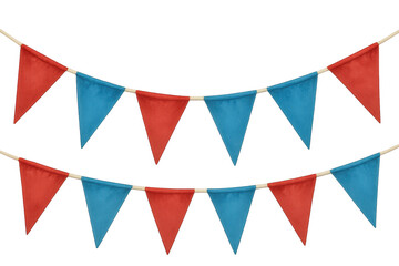 Bunting garland flags in red and blue colors hanging on string, celebrating festive party events with transparent background