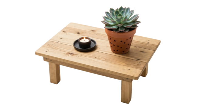 Wooden table with potted succulent and candle display