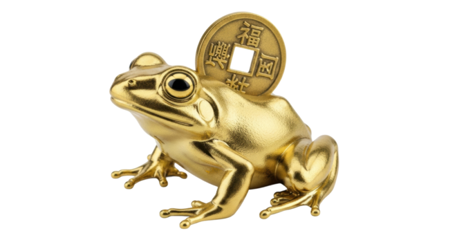 Golden frog with chinese coin on back symbolizing wealth and prosperity