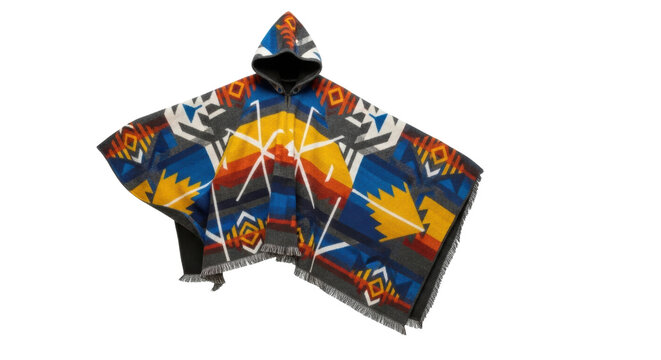 Colorful geometric pattern hooded poncho with tribal design elements