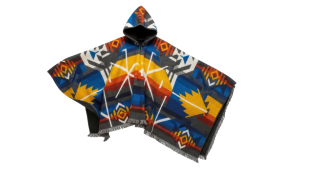 Colorful geometric pattern hooded poncho with tribal design elements