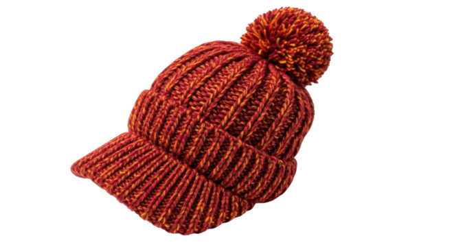 Warm knitted red beanie with visor and pom pom on black background
