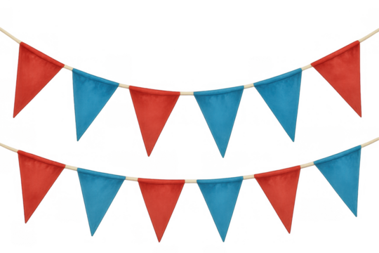 Bunting garland flags in red and blue colors hanging on string, celebrating festive party events with transparent background