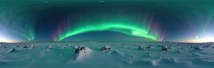 Frozen tundra with snow covered rocks and Northern Lights in 360 degree panoramic view. Aurora borealis shines bright green and purple in the night sky. Panorama of icy landscape under starry sky.