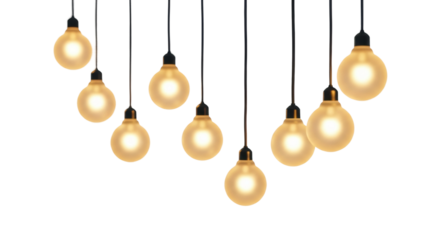 Warm glowing hanging light bulbs against black background