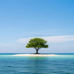A solitary tree stands on a small sandy island surrounded by calm blue ocean waters under a clear sky, creating a peaceful and scenic natural landscape