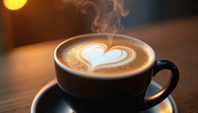 Hot cappuccino with latte art heart design sits on saucer. Steam rises from coffee cup with cream foam. Warm beverage invites cozy morning relaxation in cafe.