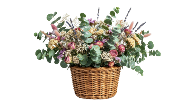 Elegant floral arrangement with eucalyptus and pastel blooms in woven basket