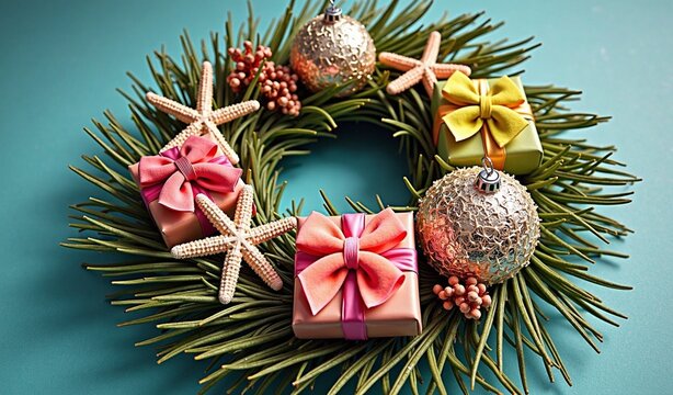 Festive pine wreath with starfish, gift boxes, and ornaments on turquoise background