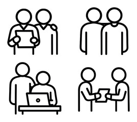 Minimalistic icons of people collaborating in various professional settings