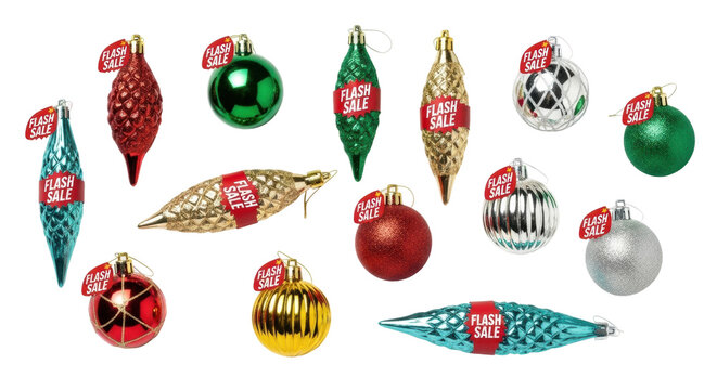 Festive christmas ornaments with flash sale tags in various colors - Powered by Adobe