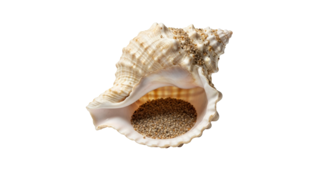 Close-up of textured seashell filled with sand on black background