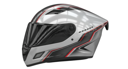 Sleek silver motorcycle helmet with modern black and red accents