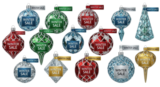 Colorful winter sale ornaments collection with various designs and patterns