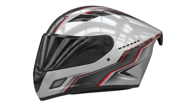 Sleek silver motorcycle helmet with modern black and red accents