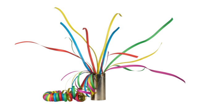 Colorful party streamers and confetti popper explosion on black background