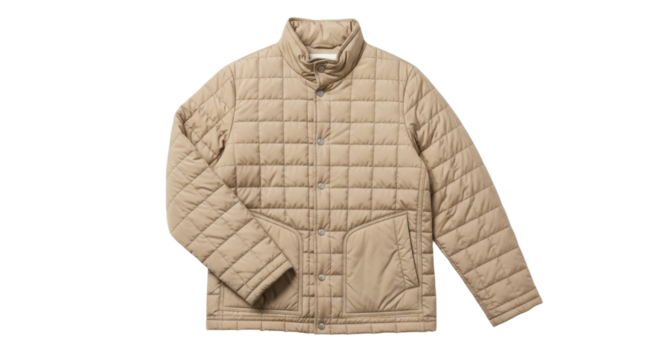 Beige quilted jacket with front pockets and snaps