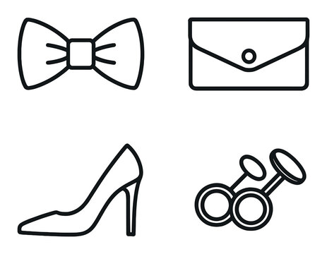 Black outline icons of bow tie, clutch, high heel, and cufflinks on gray background