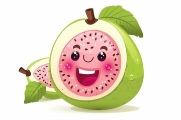 Obraz premium Cheerful Guava Cartoon Illustration Smiling Fruit Pink Flesh Cute Food on transparent background