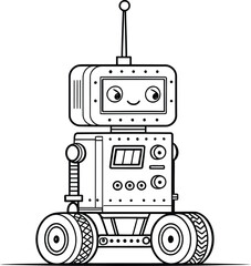 Cartoon robot with a square head and wheels, drawn in black and white outline style on a white background