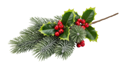 Festive evergreen and holly with red berries holiday decoration