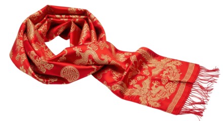 Elegant red silk scarf with golden chinese dragon motif and intricate patterns