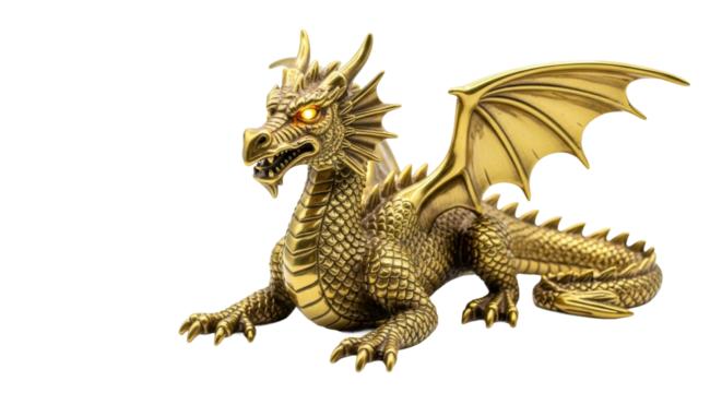 Golden dragon figurine with luminous eyes: mythical sculpture art