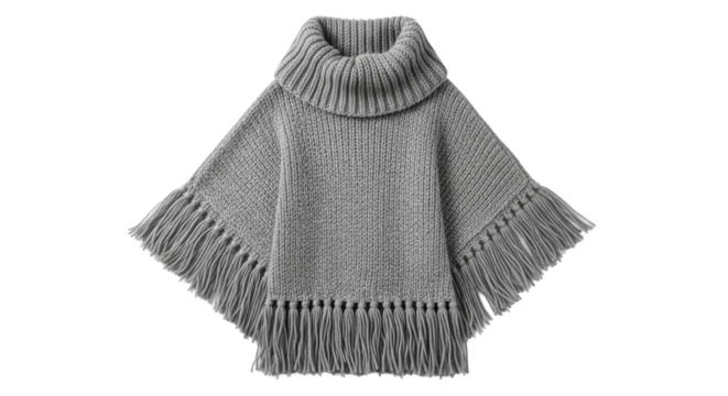 Cozy gray knit poncho with fringe hem and turtleneck design
