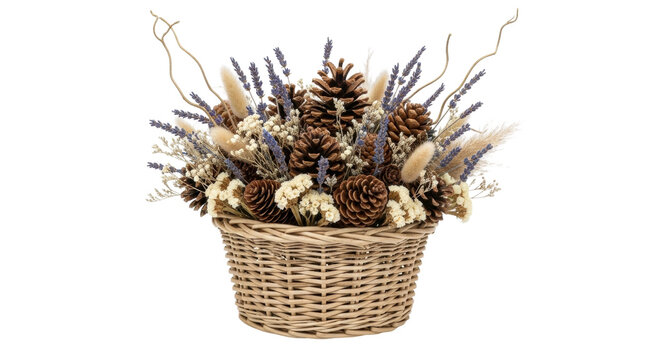 Rustic wicker basket with pine cones and dried flowers arrangement - Powered by Adobe