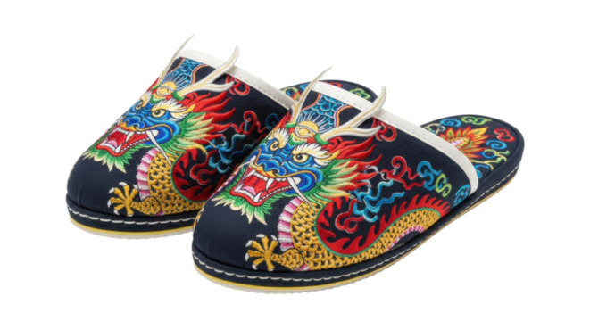 Colorful embroidered dragon slippers with traditional asian design