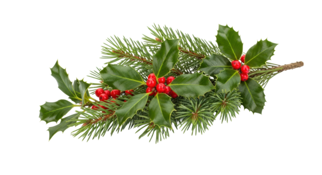 Festive holly and pine branch with red berries on black background