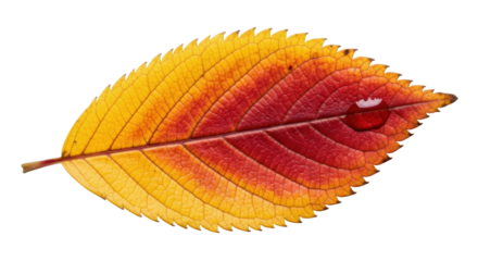 Vibrant autumn leaf with water droplet on black background