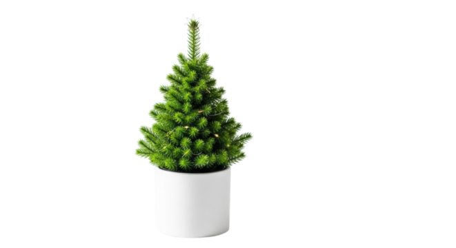 Small potted evergreen fir tree in white container isolated on white background - Powered by Adobe
