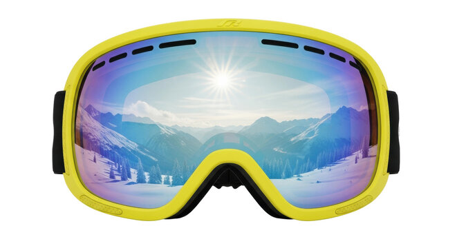 Bright yellow ski goggles reflecting stunning mountain panorama