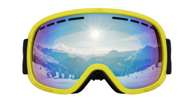 Bright yellow ski goggles reflecting stunning mountain panorama