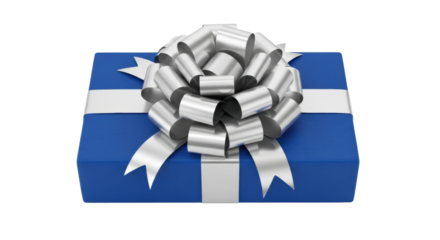 Elegant blue gift box with large silver ribbon on white background