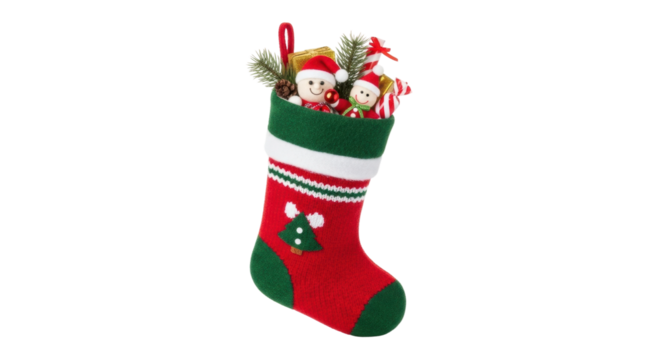 Festive christmas stocking filled with toys and treats